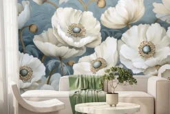 Fototapeta: Białe maki na błękitnym tle