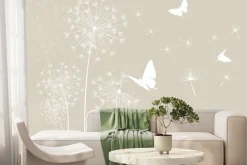 Fototapeta: Białe motyle i dmuchawce z nasionami na wietrze minimalistyczny