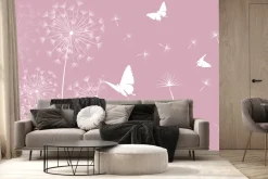 Fototapeta: Białe motyle i dmuchawce z nasionami na wietrze minimalistyczny