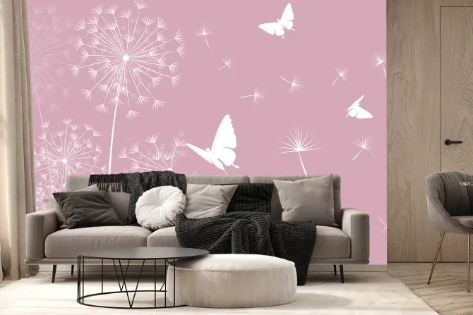 Fototapeta: Białe motyle i dmuchawce z nasionami na wietrze minimalistyczny