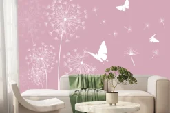 Fototapeta: Białe motyle i dmuchawce z nasionami na wietrze minimalistyczny