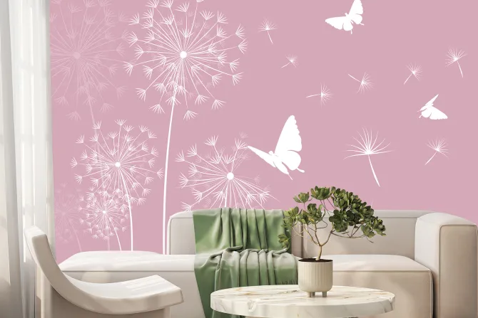 Fototapeta: Białe motyle i dmuchawce z nasionami na wietrze minimalistyczny