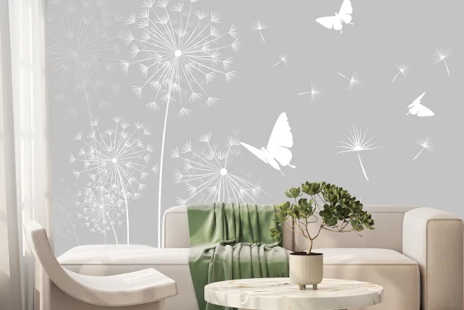 Fototapeta: Białe motyle i dmuchawce z nasionami na wietrze minimalistyczny