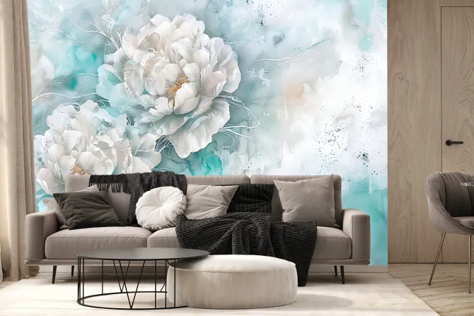 Fototapeta: Białe piwonie na niebieskiej akwareli