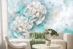 Fototapeta: Białe piwonie na niebieskiej akwareli