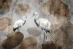 Fototapeta: Białe żurawie wśród dużych tropikalnych liści