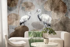 Fototapeta: Białe żurawie wśród dużych tropikalnych liści