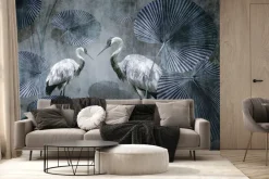 Fototapeta: Białe żurawie wśród dużych tropikalnych liści