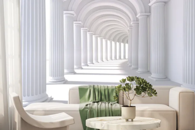 Fototapeta: Biały korytarz z kolumn i łuków perspektywa 3d