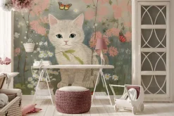 Fototapeta: Biały kot na łące z kwiatami i motylami