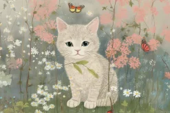 Fototapeta: Biały kot na łące z kwiatami i motylami