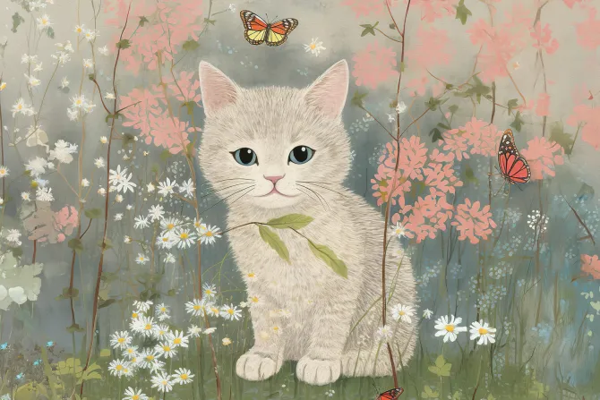 Fototapeta: Biały kot na łące z kwiatami i motylami