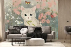 Fototapeta: Biały kot na łące z kwiatami i motylami