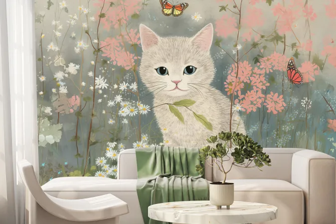 Fototapeta: Biały kot na łące z kwiatami i motylami