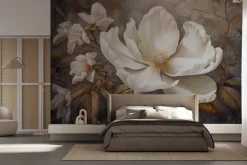 Fototapeta: Biały kwiat magnolii i złote liście