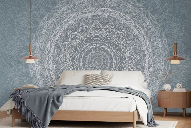 Fototapeta: Biały szkic mandali w niebieskiej scenerii