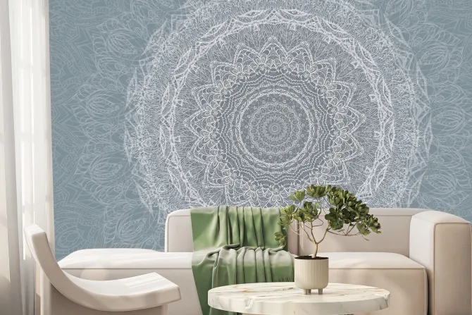 Fototapeta: Biały szkic mandali w niebieskiej scenerii