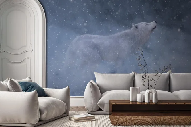 Fototapeta: Biały wilk w otoczeniu zimowej scenerii