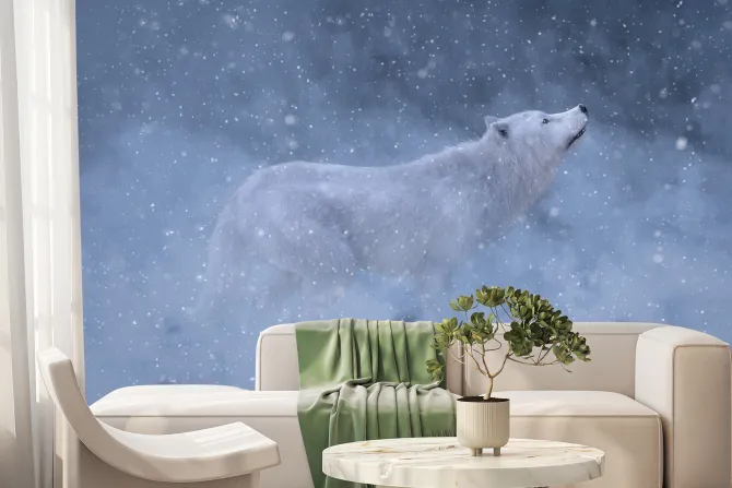 Fototapeta: Biały wilk w otoczeniu zimowej scenerii