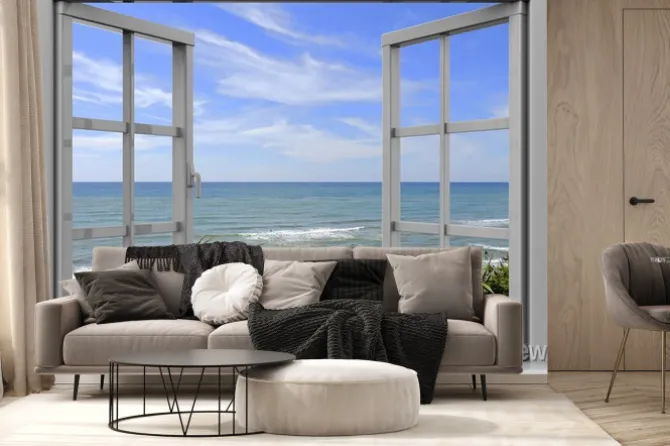 Fototapeta: Błękitne niebo i morze widziane z okna