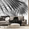 Fototapeta: Black tropical palm leaf with shadow on white wall