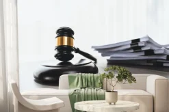 Fototapeta: Black wooden gavel hammer and legal document in empty law firm