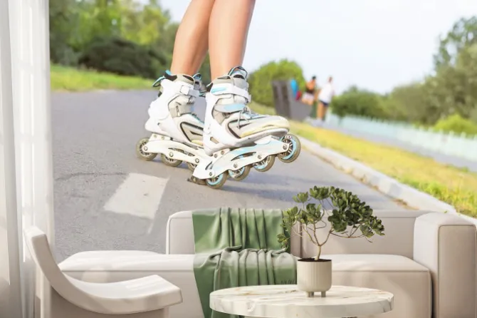 Fototapeta: Bliska dziewczyna na rolkach w parku. na zewnątrz, wypoczynek,