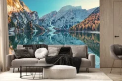 Fototapeta: Boats on the braies lake ( pragser wildsee ) in dolomites mountains,