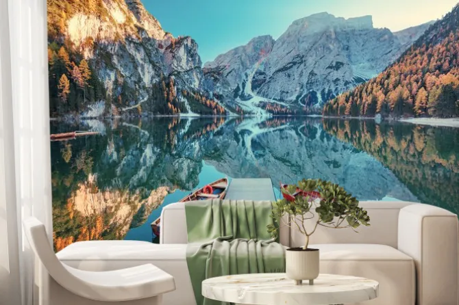 Fototapeta: Boats on the braies lake ( pragser wildsee ) in dolomites mountains,