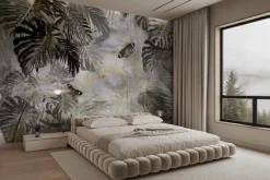 Fototapeta: Botaniczny motyw z motylami i tropikalnymi liśćmi monstery