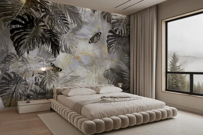 Fototapeta: Botaniczny motyw z motylami i tropikalnymi liśćmi monstery