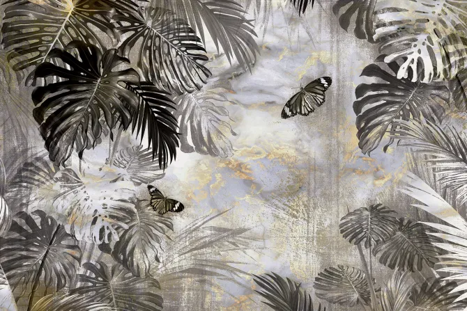 Fototapeta: Botaniczny motyw z motylami i tropikalnymi liśćmi monstery