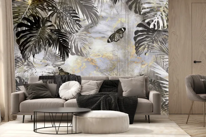 Fototapeta: Botaniczny motyw z motylami i tropikalnymi liśćmi monstery