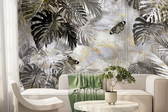 Fototapeta: Botaniczny motyw z motylami i tropikalnymi liśćmi monstery
