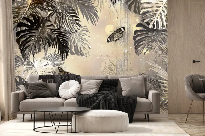 Fototapeta: Botaniczny motyw z motylami i tropikalnymi liśćmi monstery