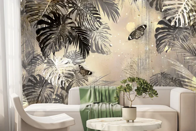 Fototapeta: Botaniczny motyw z motylami i tropikalnymi liśćmi monstery