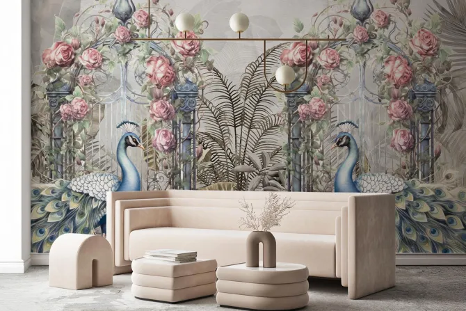 Fototapeta: Botaniczny ogród z różami i pawiami