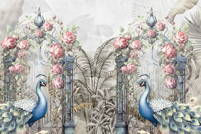 Fototapeta: Botaniczny ogród z różami i pawiami