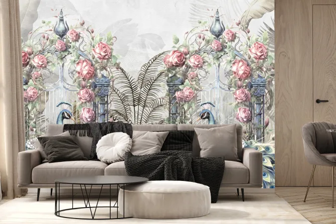 Fototapeta: Botaniczny ogród z różami i pawiami