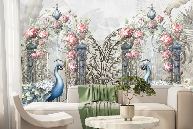 Fototapeta: Botaniczny ogród z różami i pawiami