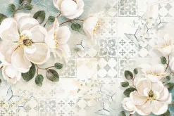 Fototapeta: Botaniczny wzór z białymi kwiatami i motylami na tle mozaiki