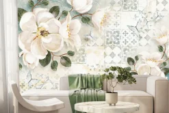 Fototapeta: Botaniczny wzór z białymi kwiatami i motylami na tle mozaiki