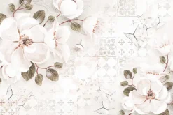 Fototapeta: Botaniczny wzór z białymi kwiatami i motylami na tle mozaiki