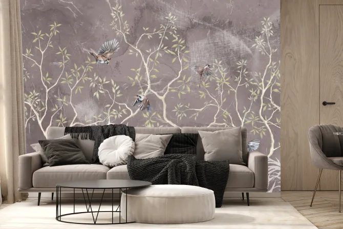 Fototapeta: Botaniczny wzór z krzewami i ptakami