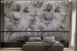 Fototapeta: Botaniczny wzór motyli i kwiatów na betonowym tle z efektem tekstury