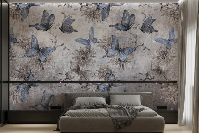 Fototapeta: Botaniczny wzór motyli i kwiatów na betonowym tle z efektem tekstury