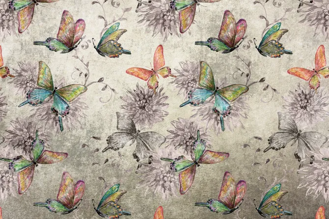 Fototapeta: Botaniczny wzór motyli i kwiatów na betonowym tle z efektem tekstury