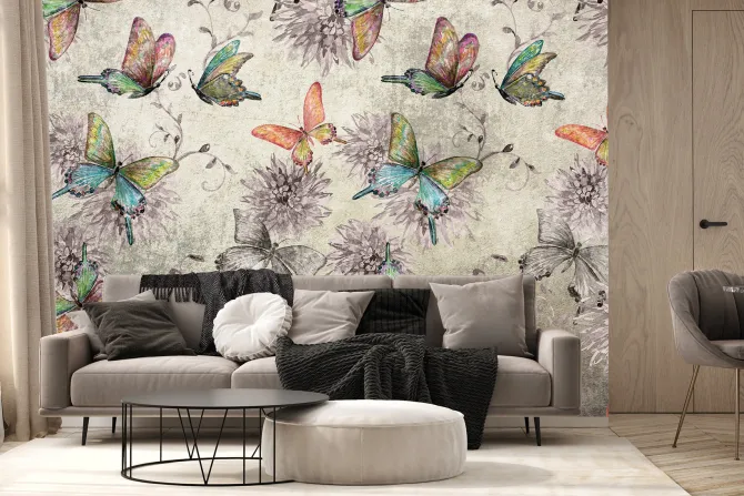 Fototapeta: Botaniczny wzór motyli i kwiatów na betonowym tle z efektem tekstury