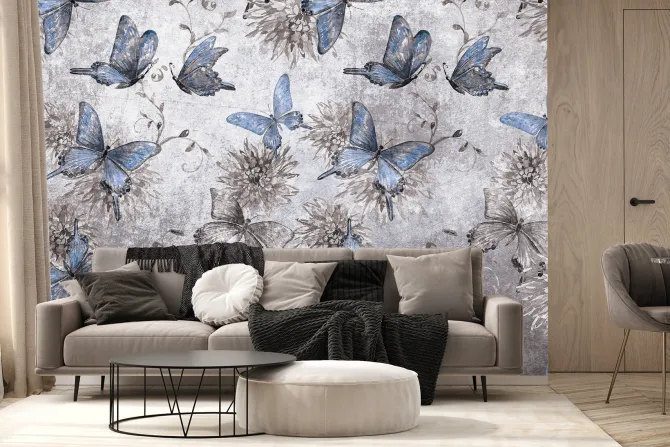 Fototapeta: Botaniczny wzór motyli i kwiatów na betonowym tle z efektem tekstury