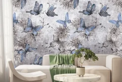 Fototapeta: Botaniczny wzór motyli i kwiatów na betonowym tle z efektem tekstury